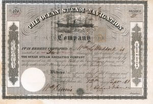 Ocean Steam Navigation Company, historische Aktie von 1861. Nicht zufällig ist die Namengleichheit der 1857 in Philadelphia errichteten Gesellschaft mit der 1847 in New York gegründeten und 1857 aufgelösten Ocean Steam Navigation Company, die als Wegbereiter des Norddeutschen Lloyd gilt.