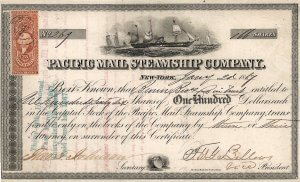 Pacific Mail Steamship Company, historische Aktie von 1867. Die 1848 gegründete Reederei spielte eine bedeutende Rolle in der Geschichte des Wilden Westen. Bereits im kalifornischen Goldrausch (1849–1854) machte sie Riesengewinne. Jährlich zahlte sie eine Dividende von teilweise 30 Prozent.