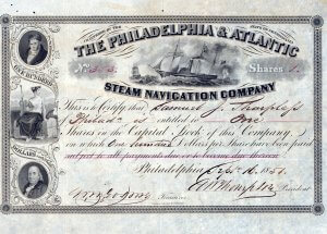Philadelphia and Atlantic Steam Navigation Company, historische Aktie von 1851. Die 1849 gegründete Reederei beförderte hauptsächlich die Goldsucher auf deren Reise nach Kalifornien sowie im Regierungsauftrag die Post von Philadelphia nach Panama.