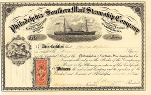 Philadelphia and Southern Mail Steamship Company, historische Aktie von 1868. Gründung 1866 durch eine Investorengruppe aus Philadelphia. Für Fracht- und Passagierdienste hauptsächlich zwischen Philadelphia und Südamerika wurden zwei Dampfsegler in Dienst gestellt: Die “Pioneer” und die “Tonawanda”.