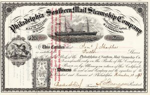 Philadelphia and Southern Mail Steamship Company, historische Aktie von 1873. Gründung im März 1866 durch eine Investorengruppe aus Philadelphia mit einem Kapital von 600.000 $ (eingeteilt in Aktien mit dem ganz und gar ungewöhnlichen Nennwert 250 $, eine Aufstockung bis 1,5 Millionen $ erlaubten die Statuten).