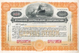 Standard Shipbuilding Corp., historische Aktie von 1916 (Specimen). Hochwertiger Stahlstich mit grandioser Vignette mit einem von Schleppern gezogenen Ozeanriesen, im Hintergrund Segelschiffe und Fabriken. Die Gesellschaft mit zwei großen Werften auf Staten Island war nach Beginn des 1. Weltkrieges bereits der dritte große Schiffbauer, der in den USA gegründet wurde.